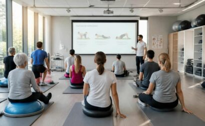 découvrez notre programme de rééducation collective avec des exercices kiné interactifs projetés sur écran pour un suivi optimal et motivant.