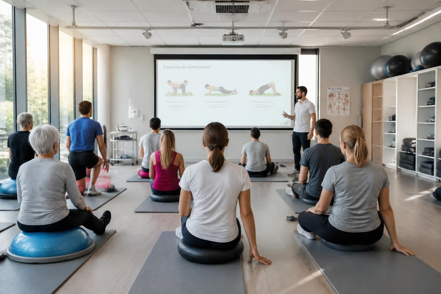 découvrez notre programme de rééducation collective avec des exercices kiné interactifs projetés sur écran pour un suivi optimal et motivant.