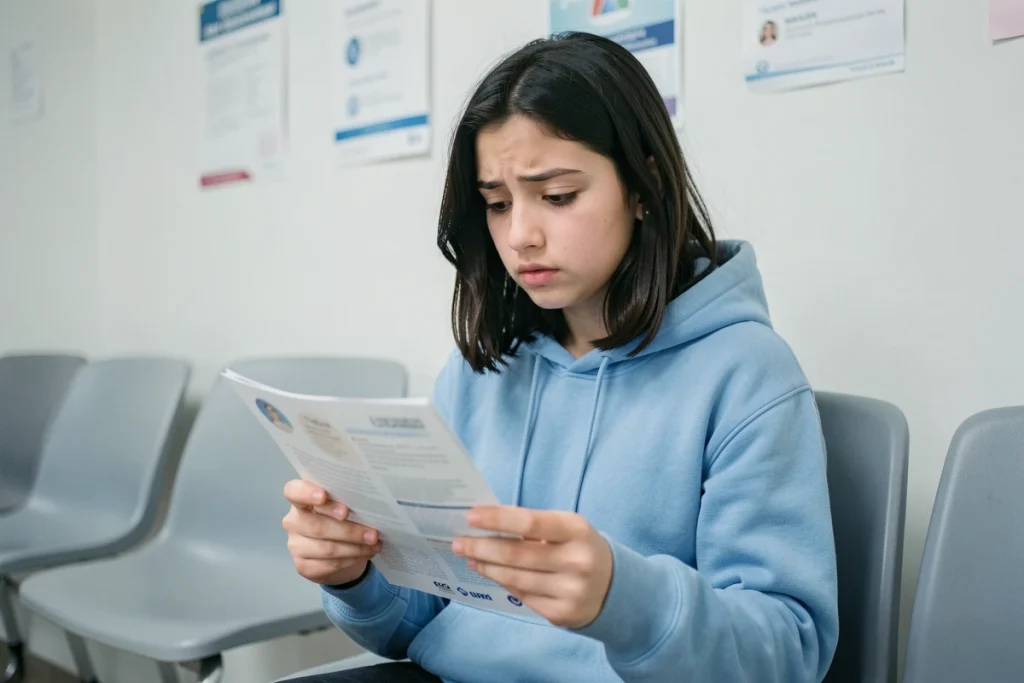 Adolescente dans une salle d'attente médicale lisant une brochure de santé pour jeunes