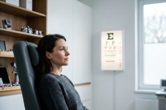Femme adulte lors d'un bilan visuel annuel chez l'ophtalmologiste, lisant un tableau optométrique dans un cabinet moderne