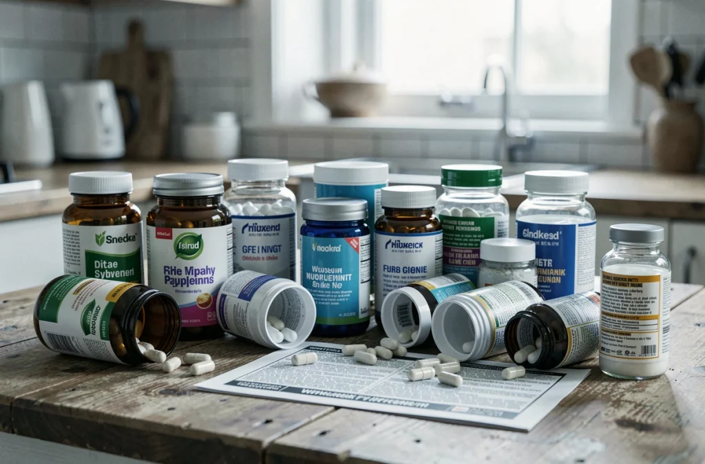 Bouteilles de compléments alimentaires dont silicium organique G5 éparpillées sur une table avec une fiche d'avertissement