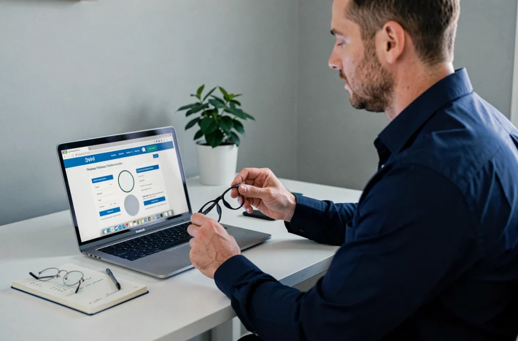 Homme utilisant une calculatrice d'épaisseur de verres en ligne sur ordinateur pour choisir entre lunettes épaisses et discrètes