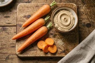 Carottes fraîches entières et coupées en deux sur une planche en bois avec un bol de houmous, vue de dessus pour illustrer les glucides de la carotte