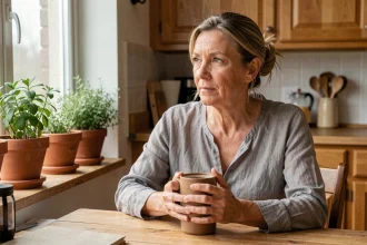 Femme d'une cinquantaine d'années assise dans une cuisine tenant une tasse, illustrant les effets des changements hormonaux sur le bien-être féminin