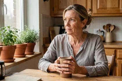 Femme d'une cinquantaine d'années assise dans une cuisine tenant une tasse, illustrant les effets des changements hormonaux sur le bien-être féminin