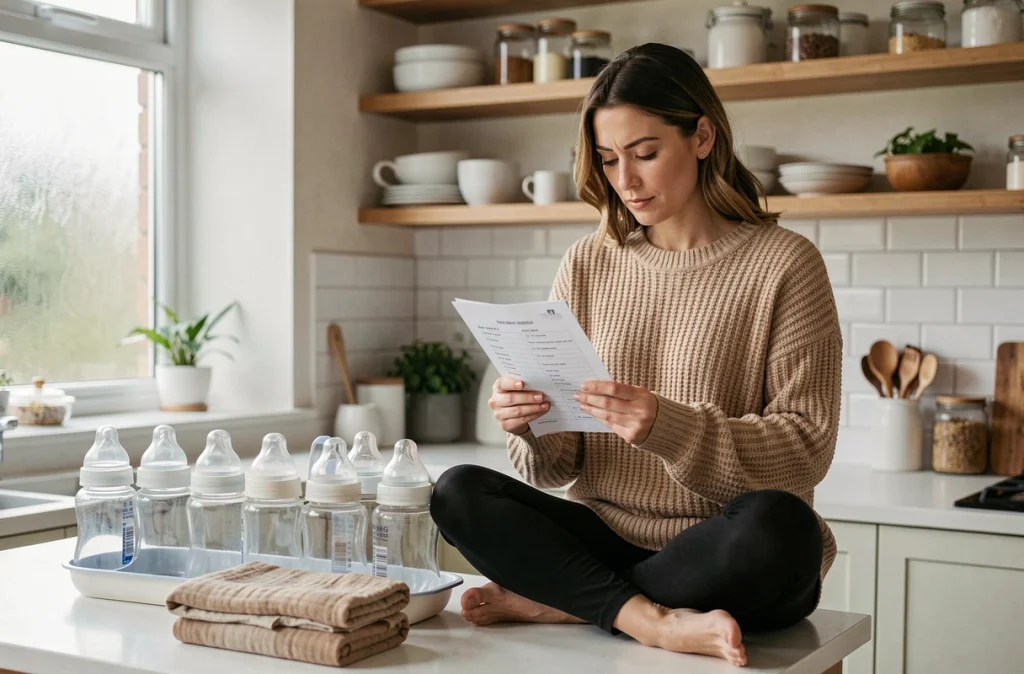 Femme enceinte consultant une liste de naissance dans une cuisine avec des biberons et accessoires de bébé préparés