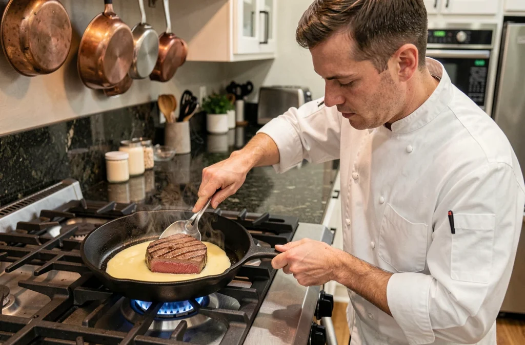 Chef faisant cuire un steak de bœuf maigre au beurre dans une poêle en fonte sur un gaz professionnel