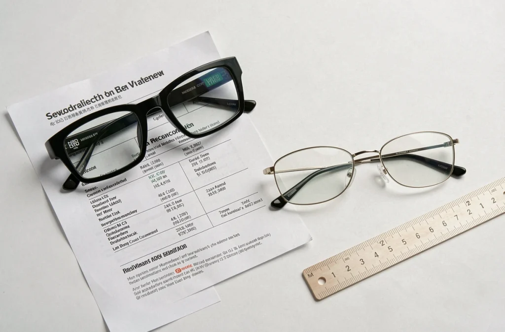 Comparaison de deux paires de lunettes verres épais et fins posées sur fond blanc avec ordonnance et règle