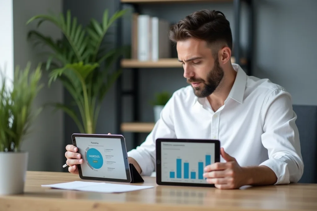 Homme comparant les prix et abonnements d'applications de gestion du diabète sur deux tablettes