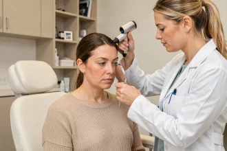 Femme en consultation chez une dermatologue pour une chute de cheveux liée au stress