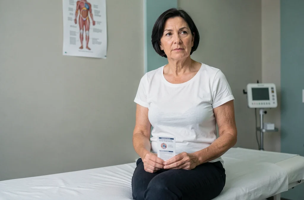 Femme d'une cinquantaine d'années en consultation gynécologique discutant des solutions contre l'inconfort intime lié à la ménopause