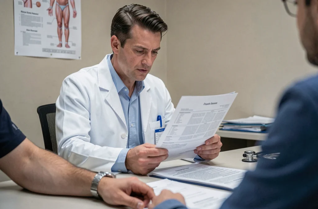 Médecin en consultation examinant un formulaire médical avec le bras gauche d'un patient visible au premier plan, illustrant le processus de diagnostic de douleur au bras et de fatigue