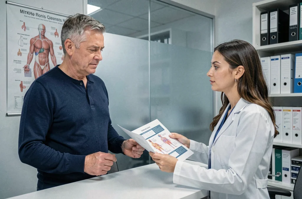 Homme adulte en consultation médicale discutant de bilans hormonaux avec un médecin dans un cabinet moderne