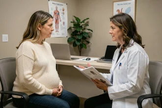 Femme enceinte en consultation prénatale avec une gynécologue dans un cabinet médical moderne