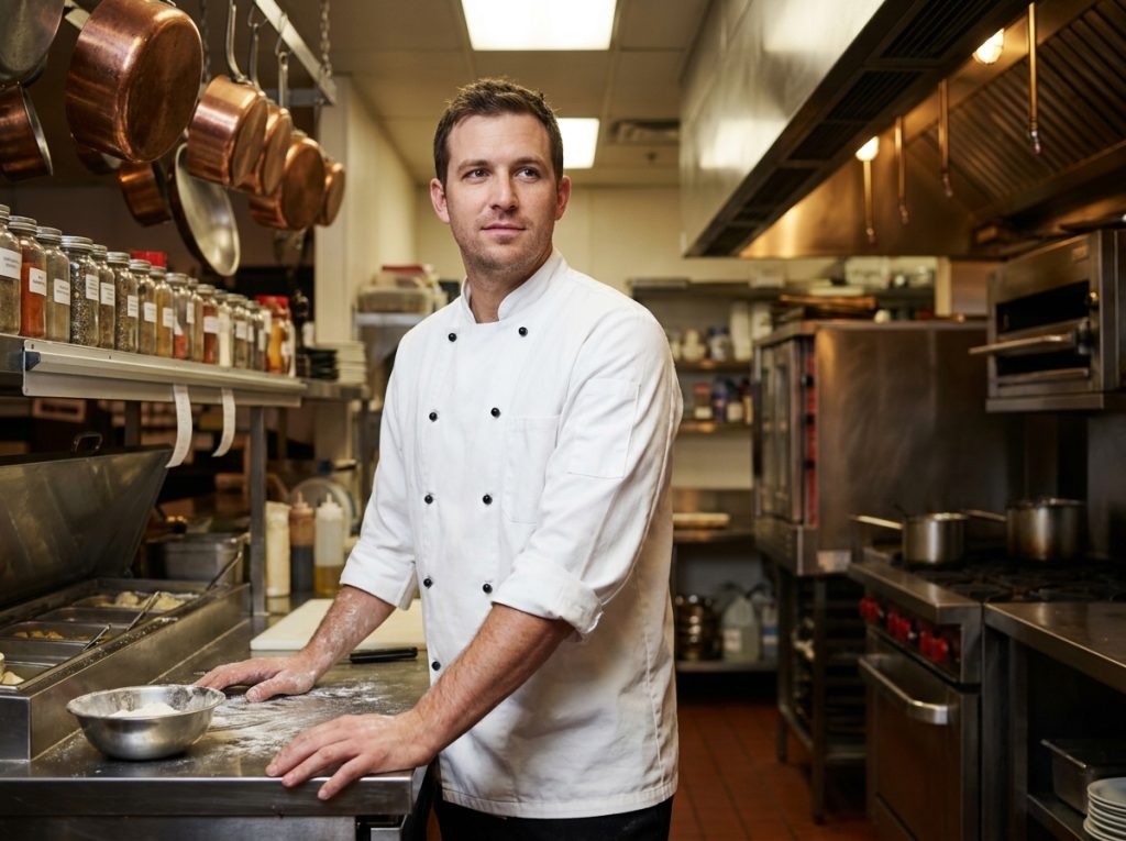 Chef cuisinier en tunique blanche de cuisine professionnelle dans une cuisine de restaurant gastronomique, les mains posées sur un plan de travail en inox