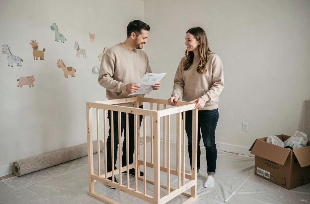 Couple assemblant un lit de bébé en bois dans une chambre de nouveau-né en cours d'aménagement