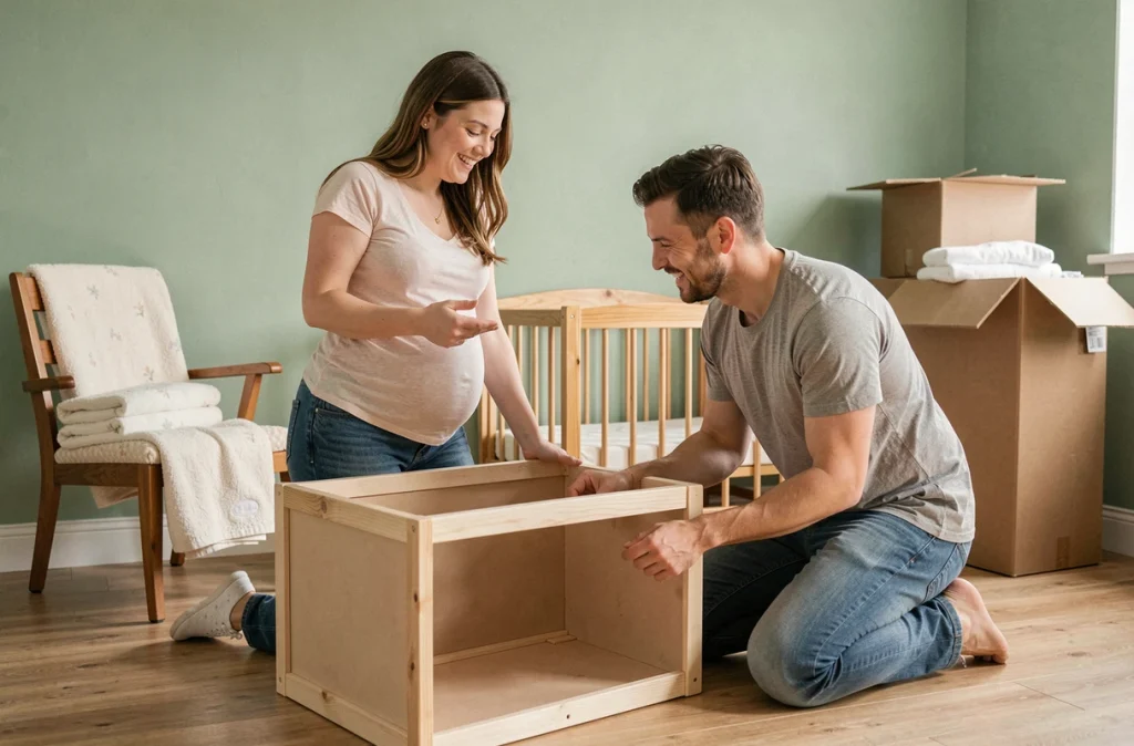 Un couple enceinte préparant ensemble la chambre de bébé en assemblant un berceau dans une pièce décorée en vert sauge