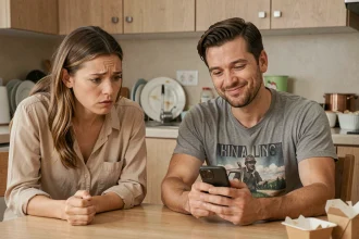 Couple en tension à la table de cuisine, femme sérieuse face à un homme distrait par son téléphone, illustration du syndrome de Peter Pan dans la relation