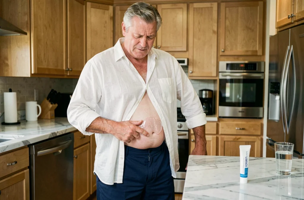 Homme appliquant une crème articulaire sur la hanche dans sa cuisine à domicile