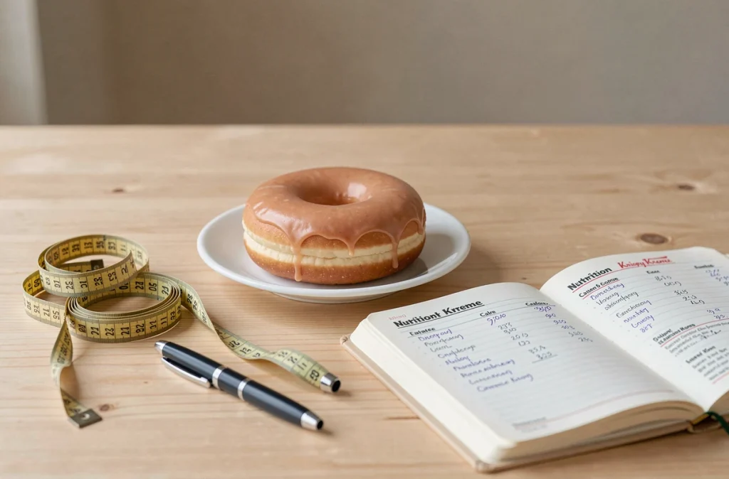 Donut Krispy Kreme posé sur assiette blanche avec journal nutritionnel et mètre ruban