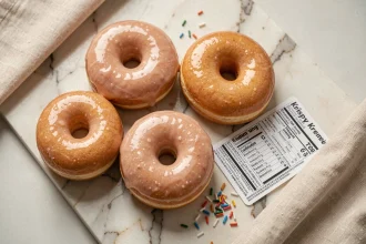 Vue en plongée de donuts Krispy Kreme assortis sur marbre avec fiche nutritionnelle