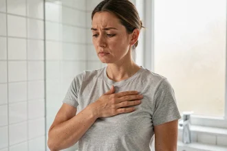 Femme tenant son aisselle gauche avec une expression préoccupée, illustrant une douleur ou gêne sous le bras gauche