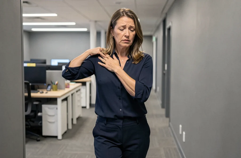 Femme en tenue professionnelle dans un couloir de bureau, tenant son épaule gauche avec une expression de fatigue et d'inconfort, symbolisant les erreurs de diagnostic de douleur au bras gauche