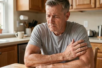 Homme d'âge mûr tenant son bras gauche avec une expression de douleur discrète, assis dans une cuisine, illustrant les symptômes de douleur au bras gauche et de fatigue