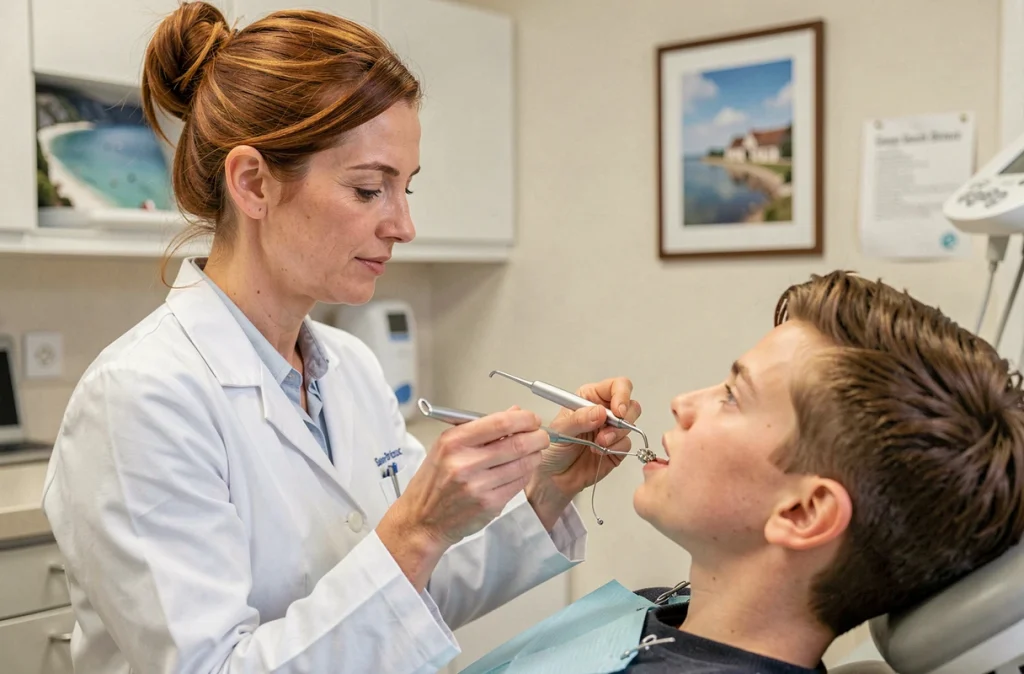 Orthodontiste féminine ajustant des fils orthodontiques sur une patiente adolescente dans son cabinet à Saint-Brieuc