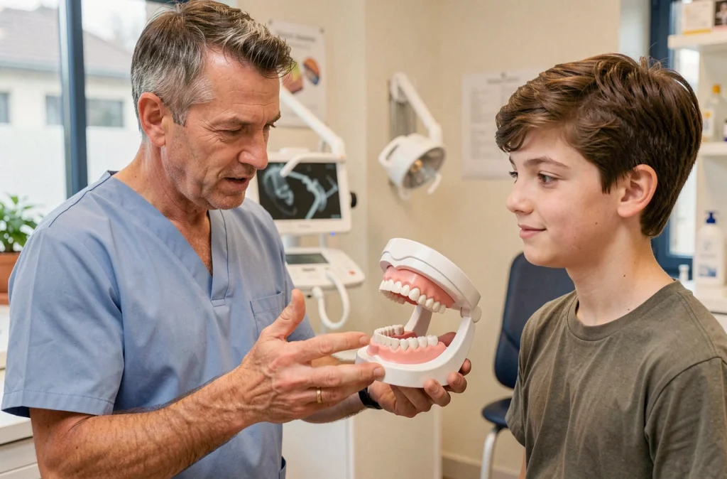 Orthodontiste expliquant un traitement à un patient adolescent avec un modèle dentaire en Ille-et-Vilaine