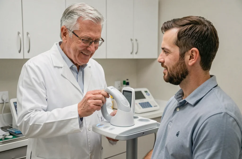 Orthodontiste expérimenté présentant un scanner intra-oral numérique à un patient dans son cabinet en Bretagne