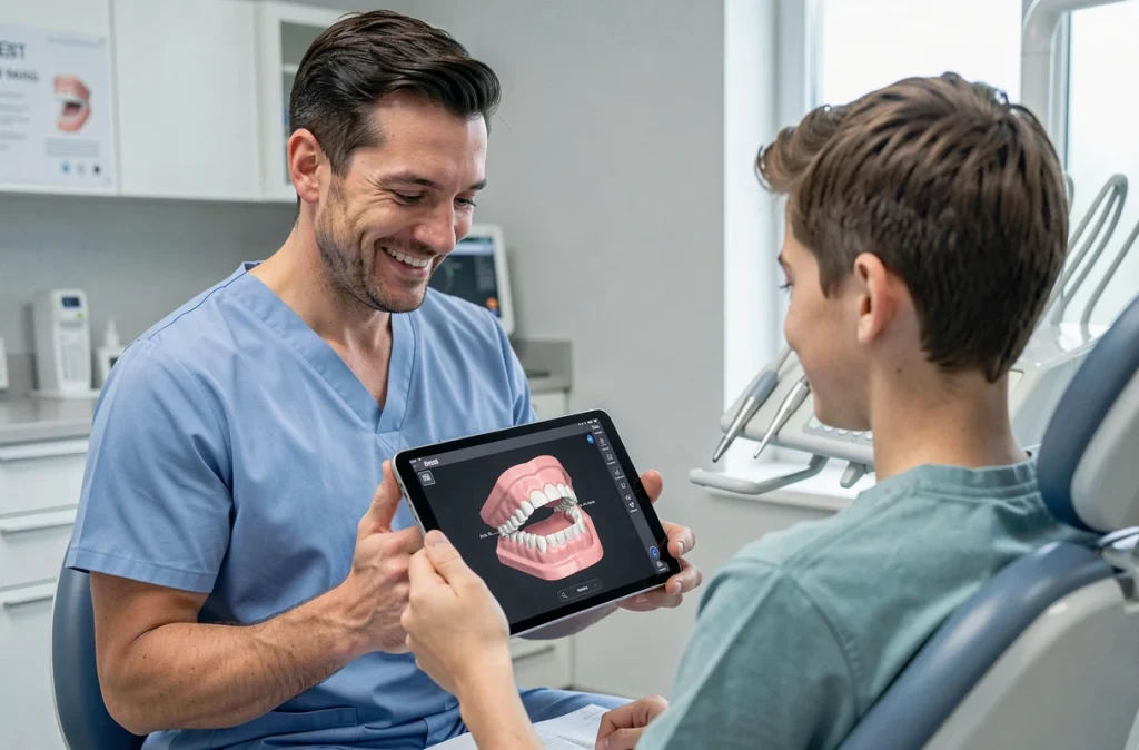Orthodontiste à Brest montrant une modélisation 3D dentaire à un patient adolescent sur tablette