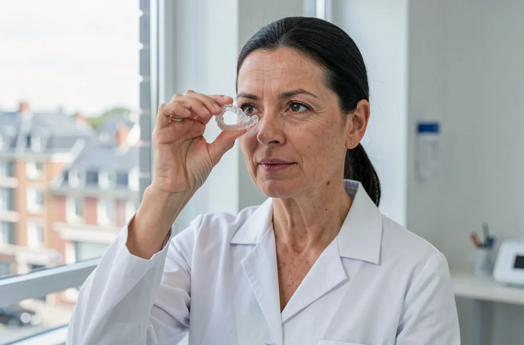 Orthodontiste féminine inspectant une gouttière transparente dans son cabinet desservant Nantes et la Bretagne