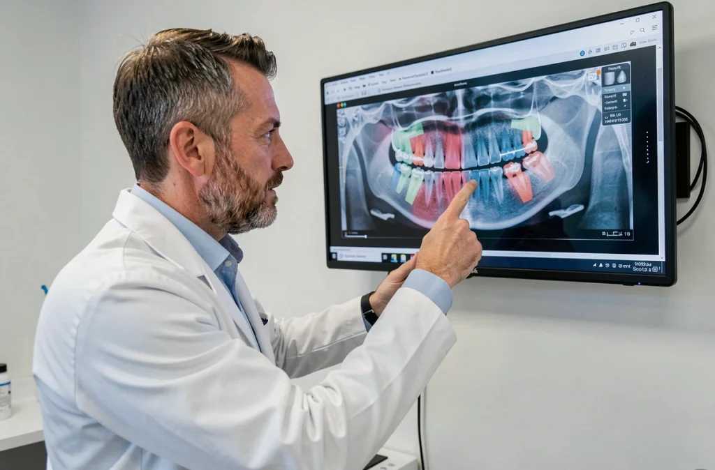 Orthodontiste breton analysant une radiographie panoramique numérique sur écran mural dans son cabinet