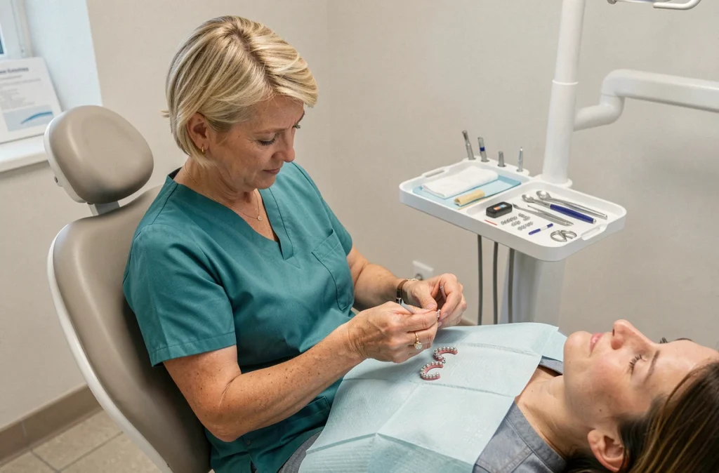 Orthodontiste posant des brackets sur une patiente dans un cabinet du Finistère