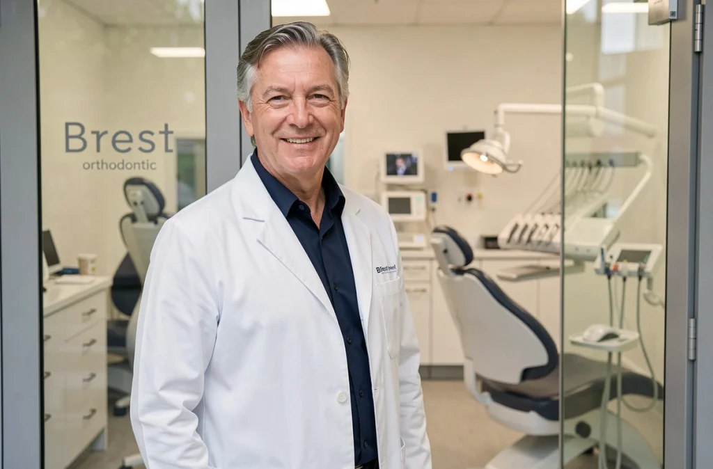 Orthodontiste senior posant à l'entrée de son cabinet à Brest avec une expression chaleureuse et professionnelle