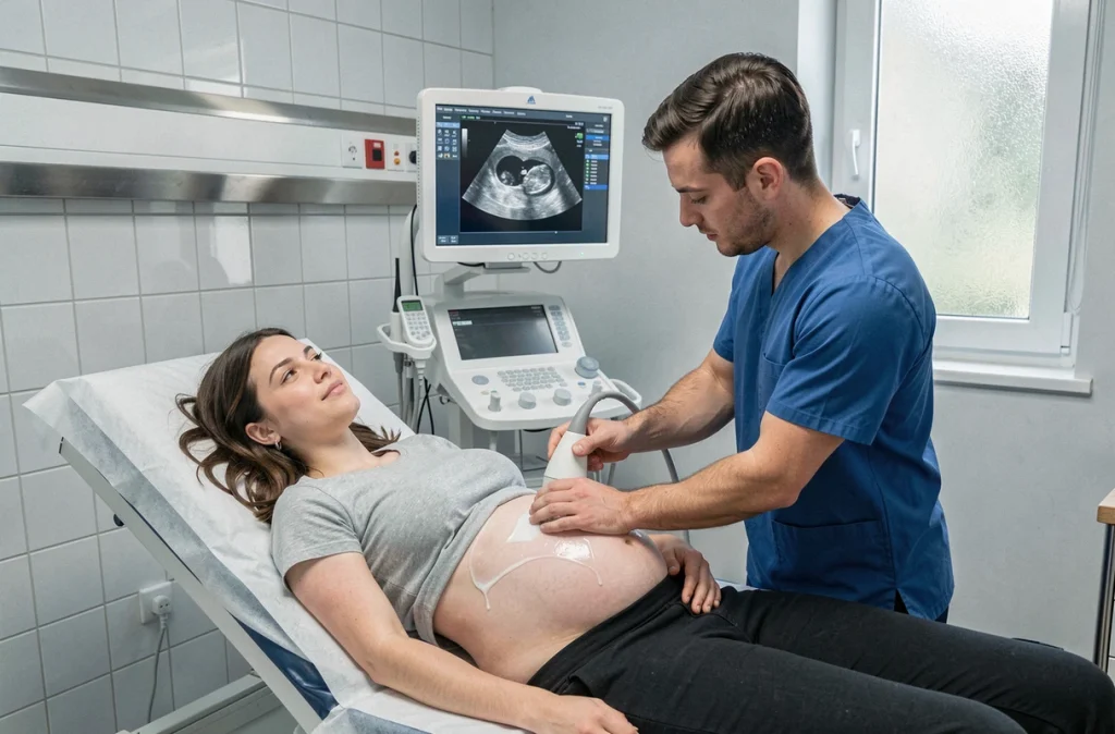 Échographie obstétricale d'une femme enceinte réalisée par un technicien médical en salle d'imagerie