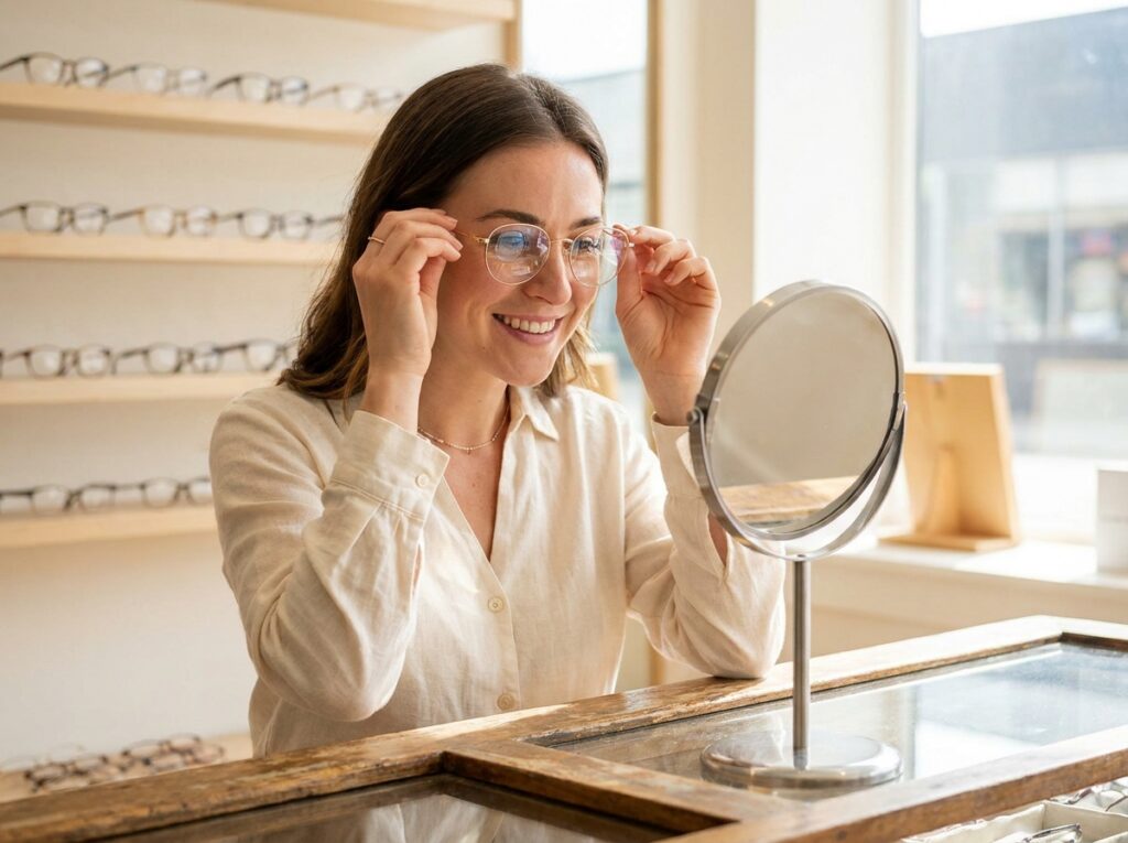 Jeune femme essayant des lunettes dans une boutique d'optique après un bilan visuel annuel recommandé