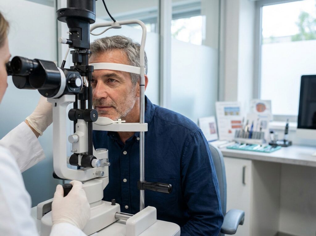 Homme en consultation ophtalmologique avec examen à la lampe à fente pour un bilan de santé visuelle