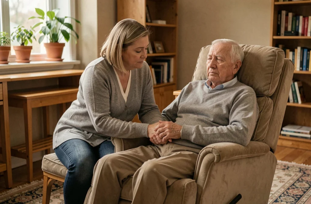 Une femme tenant la main d'un proche âgé atteint d'Alzheimer en phase terminale dans une chambre de soins à domicile
