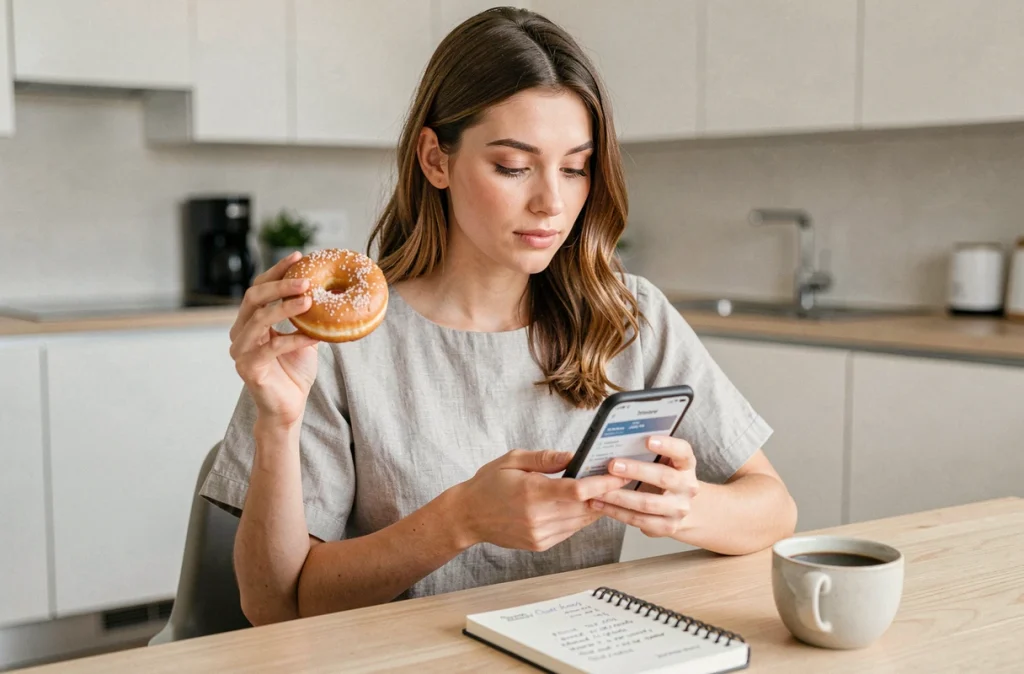 Femme consultant les informations nutritionnelles d'un donut Krispy Kreme sur son téléphone