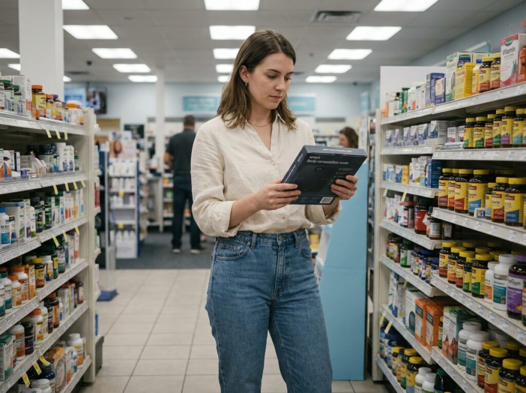Femme examinant une balance connectée de composition corporelle en pharmacie dans le cadre de l'adoption de nouvelles technologies minceur