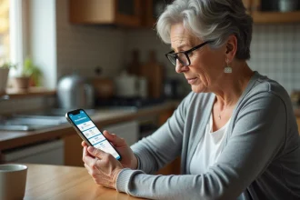 Femme d'âge mûr consultant les tarifs d'une application diabète sur son smartphone à la maison