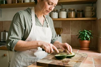 Femme en cuisine coupant un avocat mûr en deux sur une planche en bois, illustrant la préparation d'une recette à base d'avocat