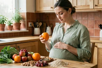 Femme enceinte examinant des aliments frais et équilibrés sur une table en bois dans une cuisine chaleureuse