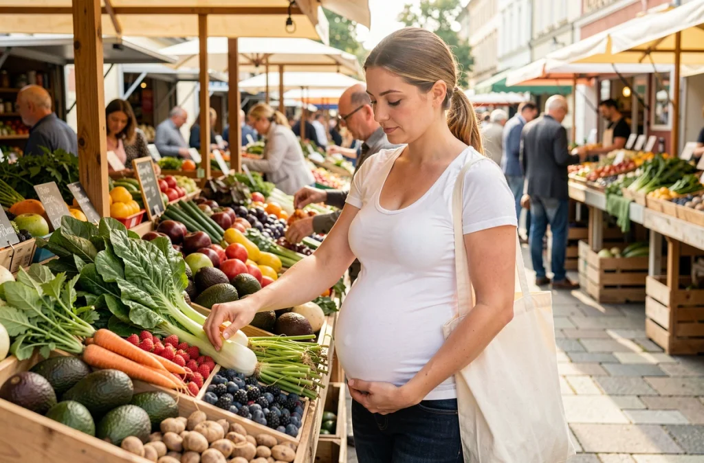 Femme enceinte choisissant des légumes frais au marché de producteurs pour une alimentation saine