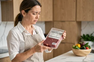 Femme lisant l'étiquette nutritionnelle d'une viande rouge maigre dans une cuisine moderne