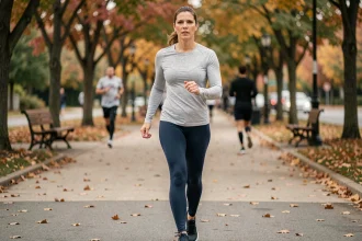 Femme marchant rapidement sur un sentier urbain pavé entouré d'arbres en automne, illustrant la marche rapide pour calculer sa distance en pas et kilomètres