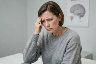 Femme d'âge moyen tenant sa tempe dans un cabinet neurologique, illustrant les maux de tête liés aux hypersignaux IRM