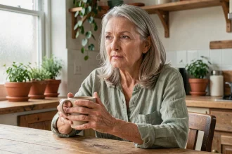 Femme ménopausée sereine tenant une tasse de thé dans une cuisine naturelle, illustrant le bien-être au quotidien